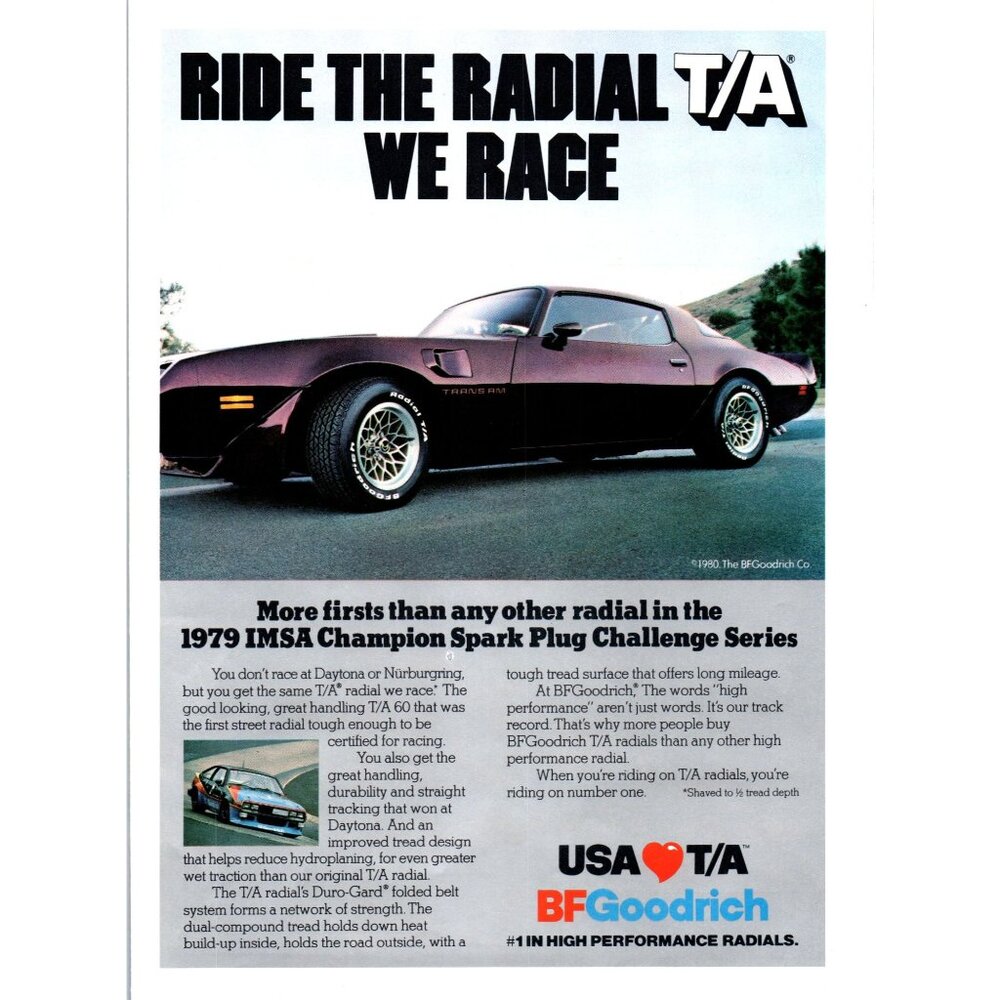 1980 BF Goodrich T/A Radial Tire Pontiac Trans Am Vintage Print Ad 80s Wall Art